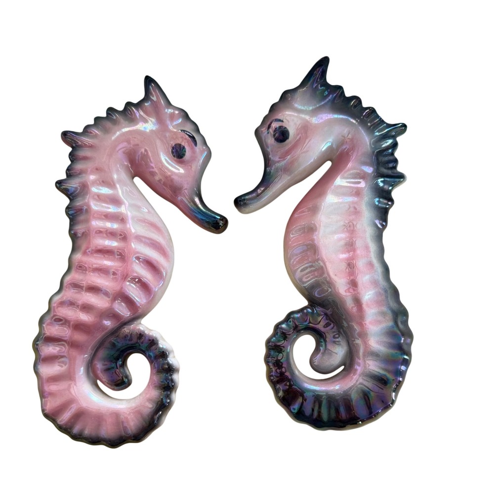 Vintage Iridescent Pink Ceramic Seahorse Wall Pockets Pair Mid Century Decor